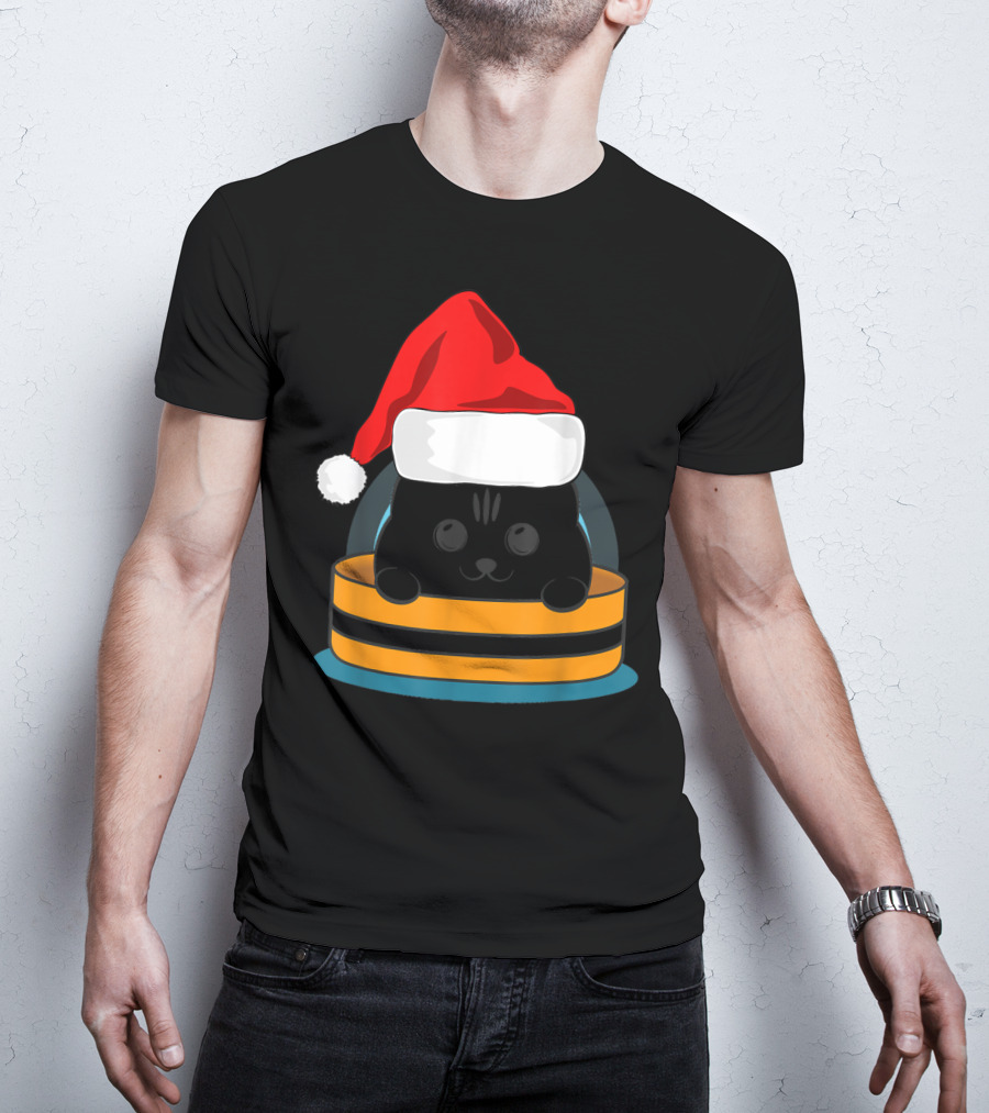 Cute Black Cat In Santa Hat Sitting Inside Orange And Black Barrel T-Shirt
