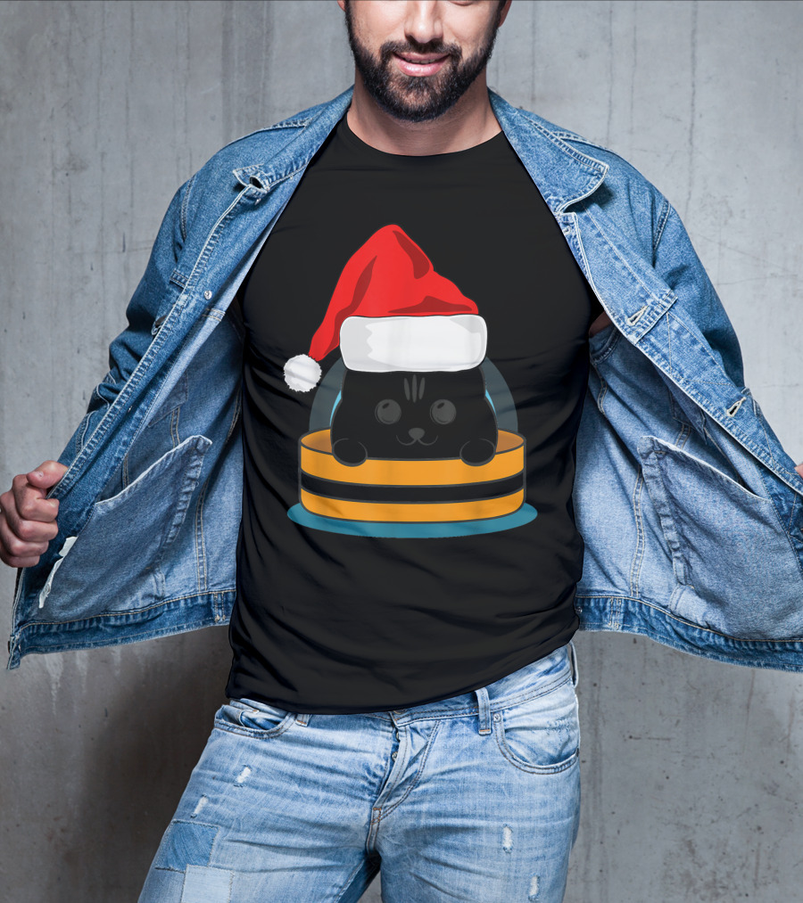 Cute Black Cat In Santa Hat Sitting Inside Orange And Black Barrel T-Shirt