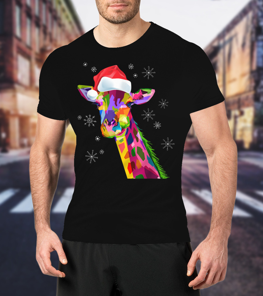 Giraffe Christmas Santa Hat Colorful Snowflakes T-Shirt
