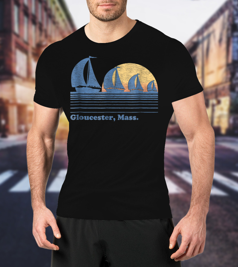 Gloucester Mass Vintage Sailboats And Sunset Scene T-Shirt