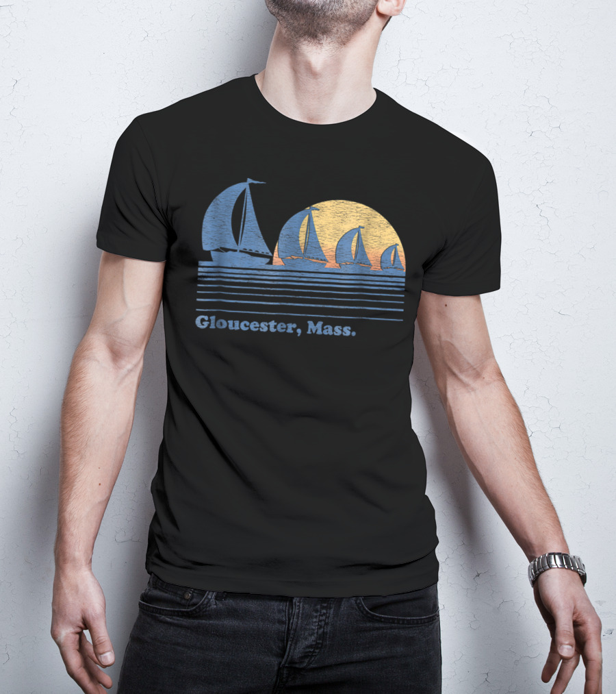 Gloucester Mass Vintage Sailboats And Sunset Scene T-Shirt