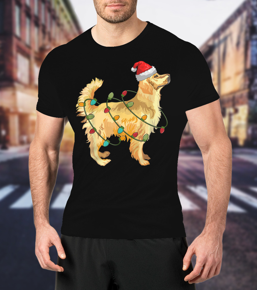 Golden Retriever With Christmas Lights And Santa Hat T-Shirt