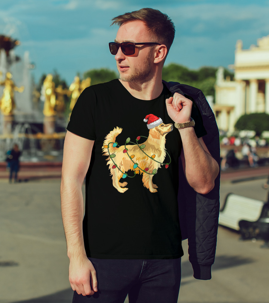 Golden Retriever With Christmas Lights And Santa Hat T-Shirt