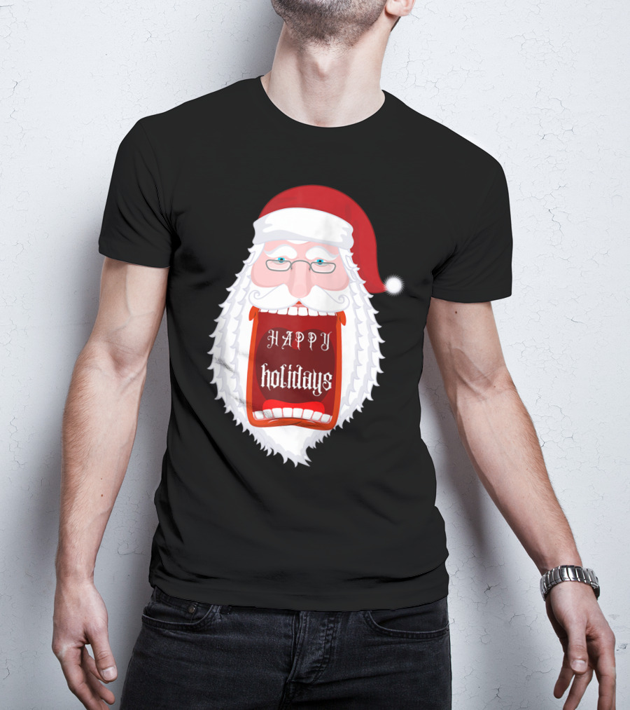 Happy Holidays Santa Zip Screaming Mouth With Glasses T-Shirt