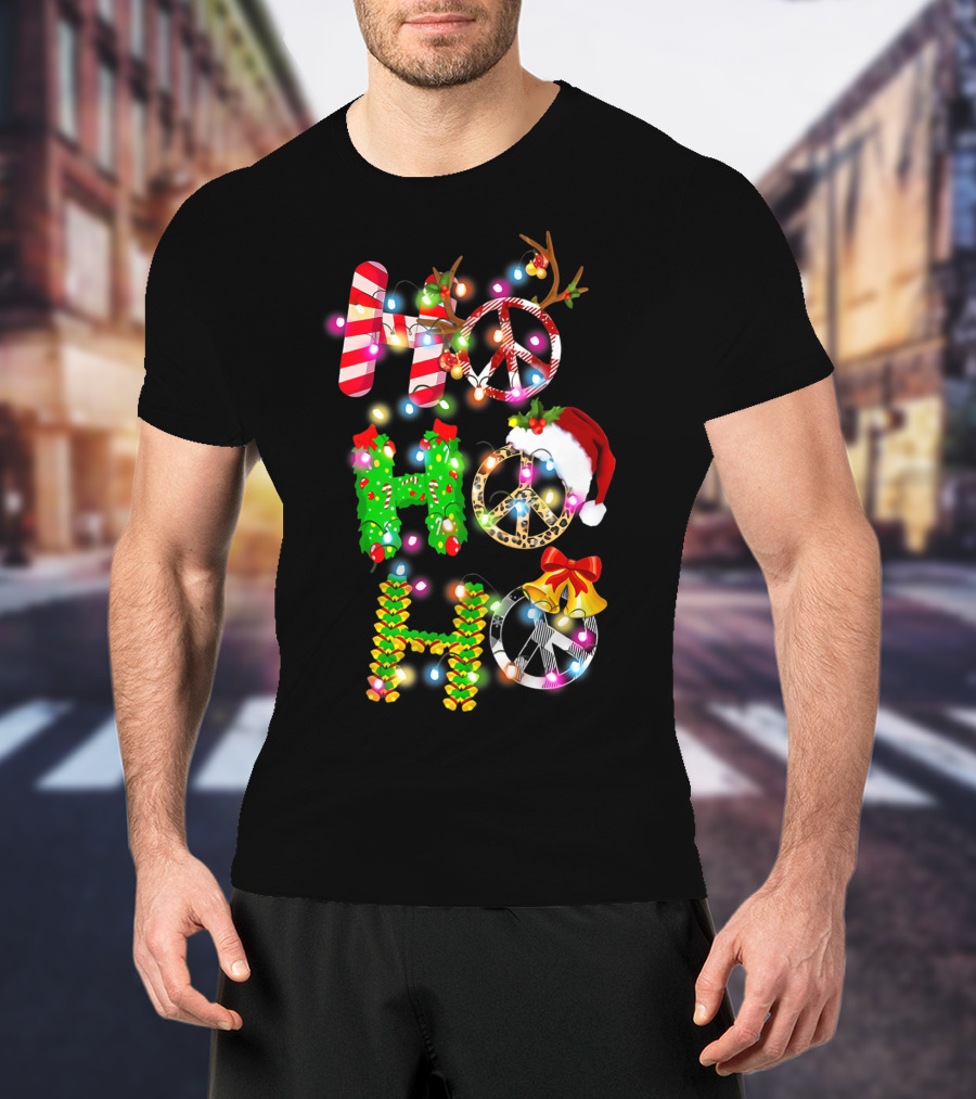 Ho Ho Ho Christmas Light Peace Sign Reindeer Santa Hat T-Shirt