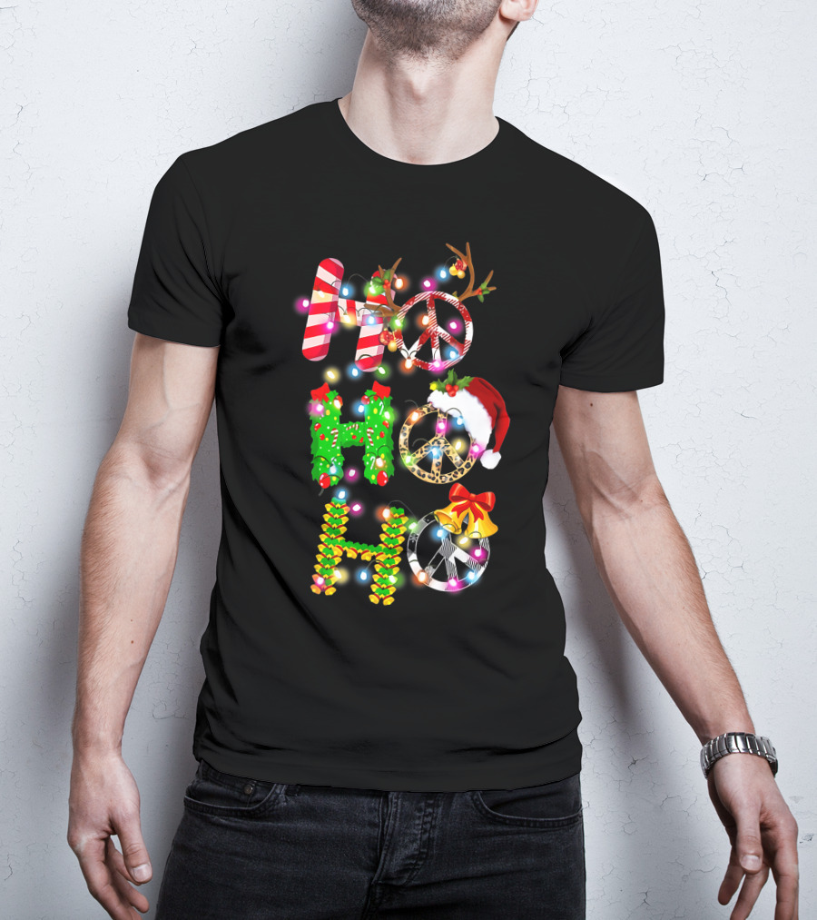 Ho Ho Ho Christmas Light Peace Sign Reindeer Santa Hat T-Shirt