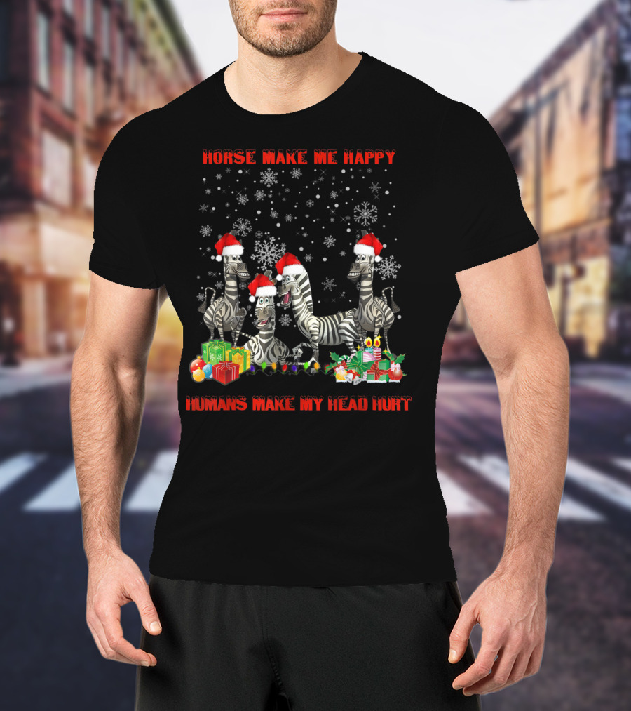 Horse Make Me Happy Humans Make My Head Hurt Christmas Zebra Snowflakes Santa Hats T-Shirt