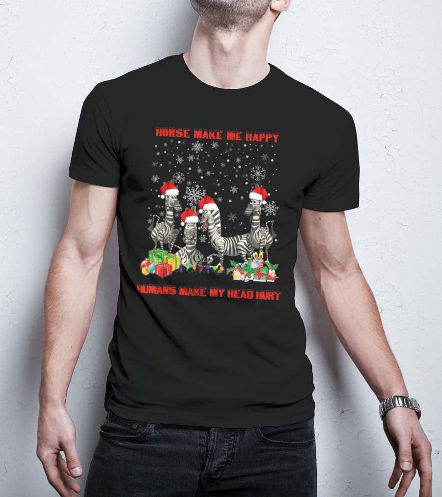 Horse Make Me Happy Humans Make My Head Hurt Christmas Zebra Snowflakes Santa Hats T-Shirt