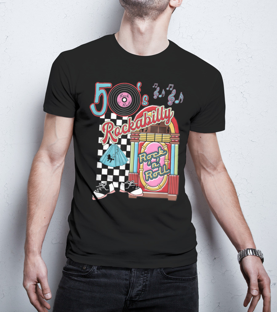 50's Rock N Roll Rockabilly Jukebox And Checkered Dance Floor T-Shirt