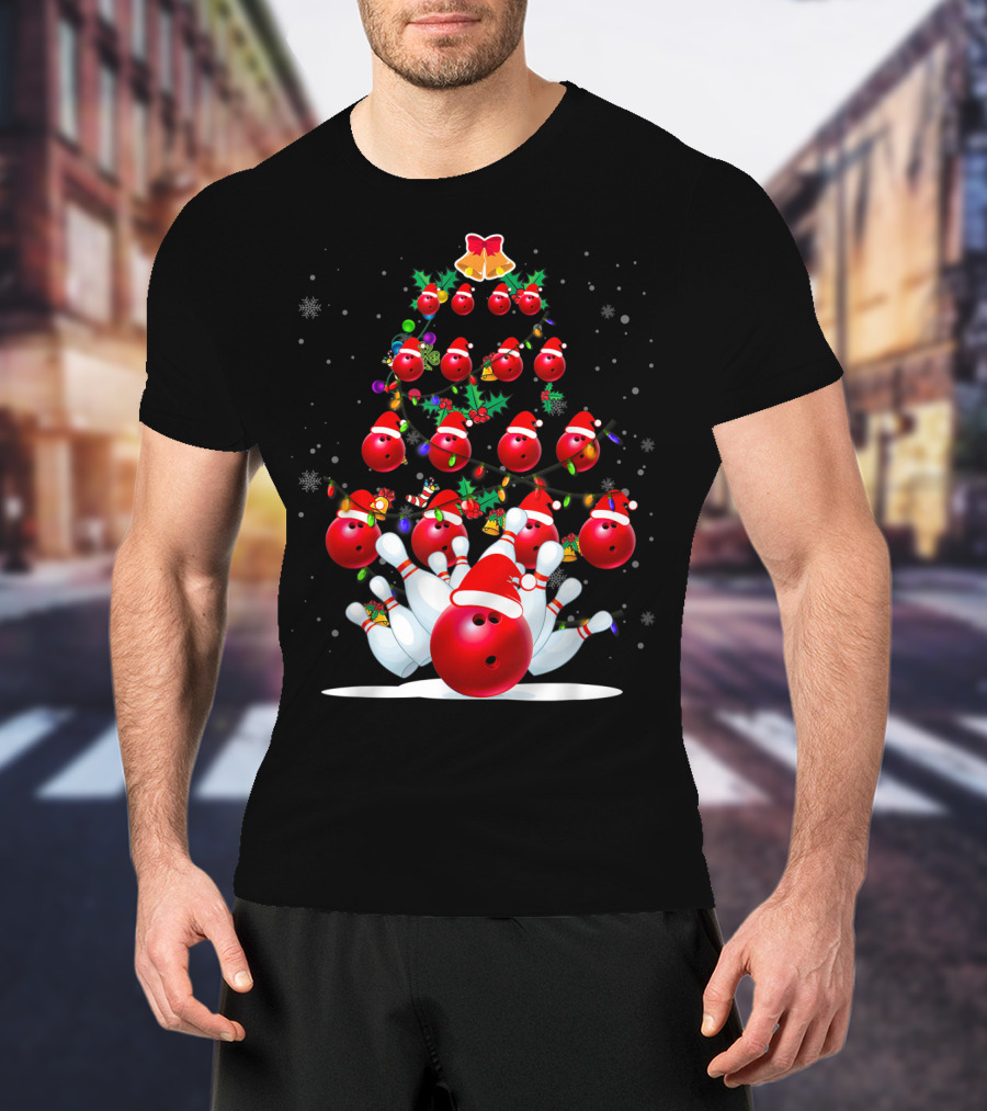 Bowling Balls Santa Hats Christmas Tree Holiday Lights Snowflakes T-Shirt