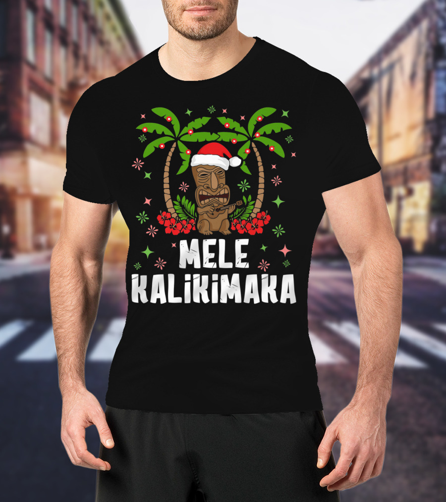Mele Kalikimaka Santa Tiki Hawaiian Christmas Palms T-Shirt
