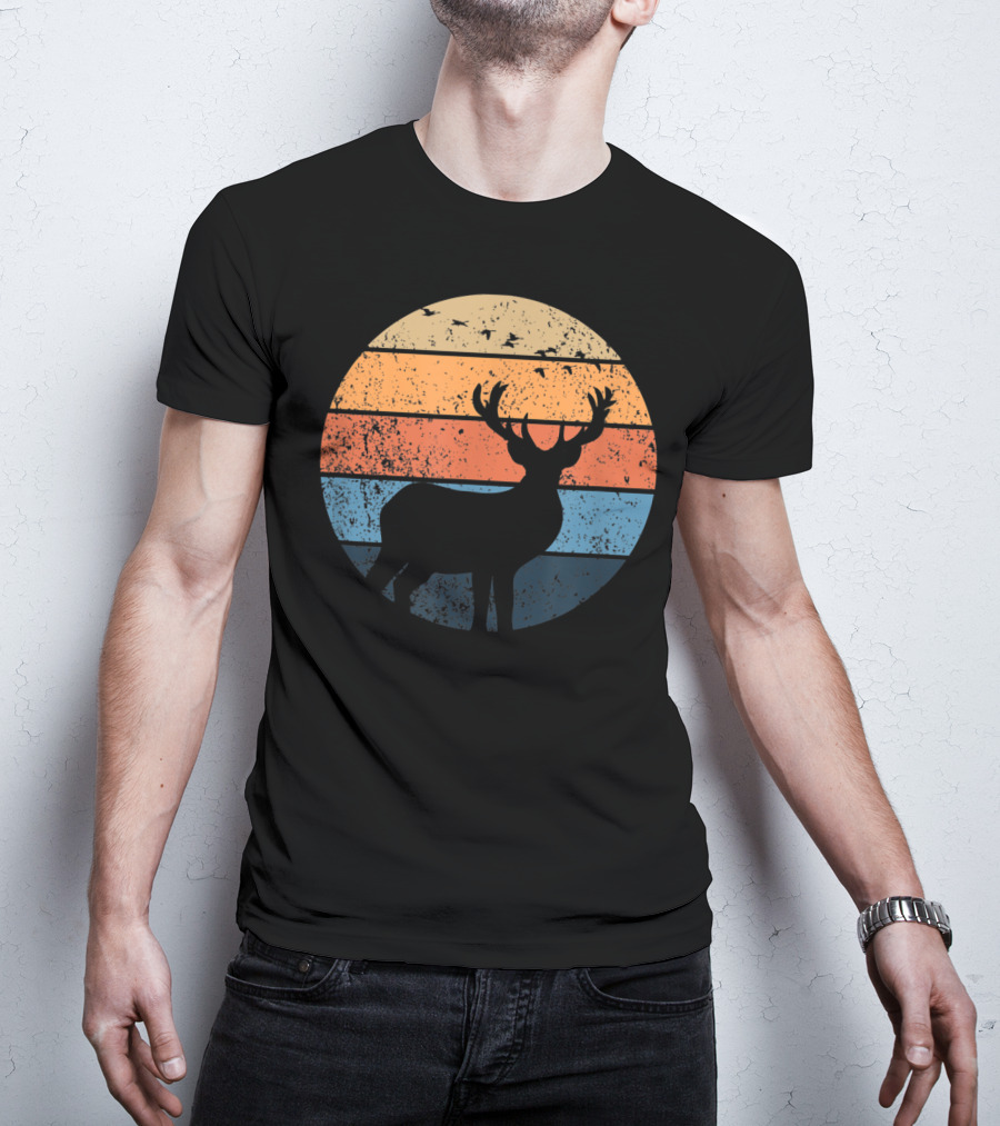 Deer Hunters Vintage Sunset Silhouette With Flying Birds T-Shirt