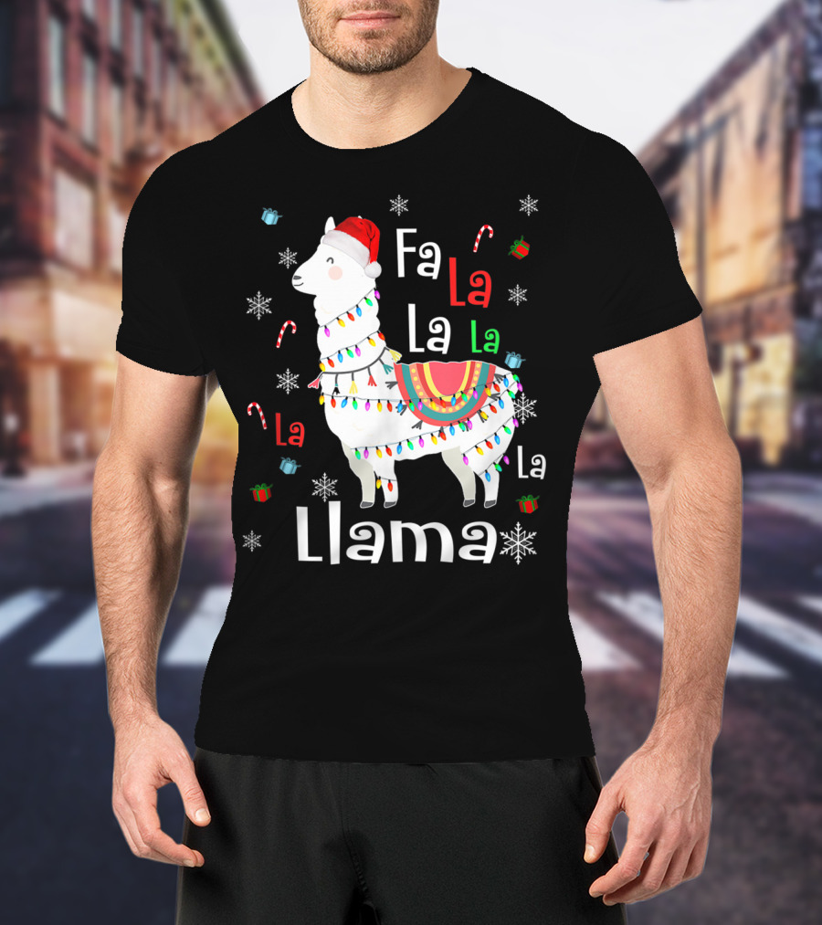 Fa La La Llama Llama Christmas Lights And Santa Hat With Candy Canes Snowflakes And Presents T-Shirt