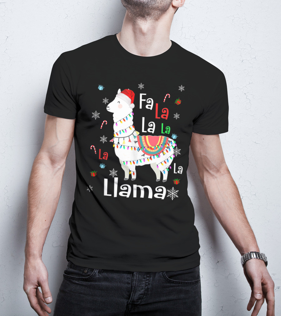Fa La La Llama Llama Christmas Lights And Santa Hat With Candy Canes Snowflakes And Presents T-Shirt