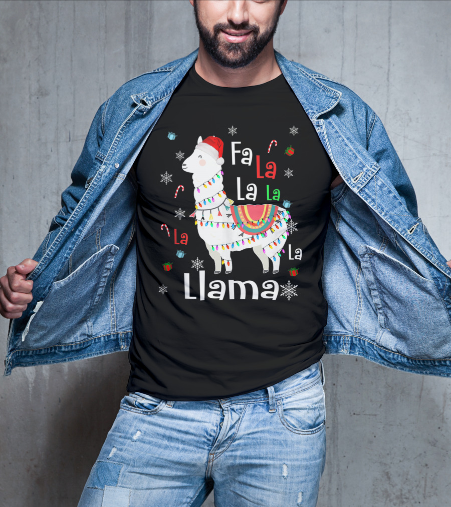 Fa La La Llama Llama Christmas Lights And Santa Hat With Candy Canes Snowflakes And Presents T-Shirt