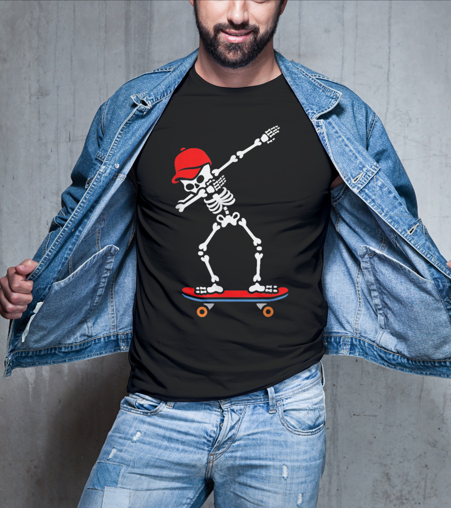 Dabbing Skeleton In Red Cap On Skateboard T-Shirt