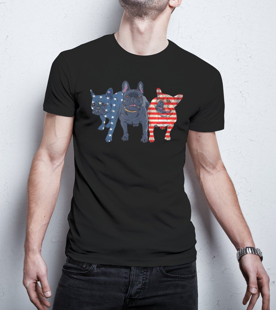 3 Frenchie Bulldog American Flag Stars Stripes July Patriot T-Shirt