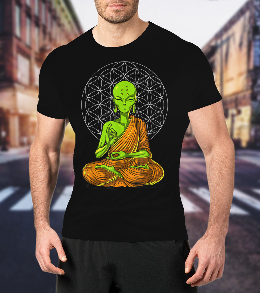Alien Yoga Meditation Zen Namaste Buddha With Mandala Background T-Shirt