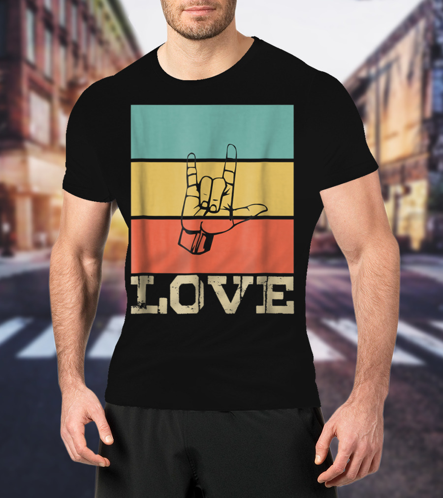 ASL Love Vintage Hand Sign Retro Color Blocks T-Shirt