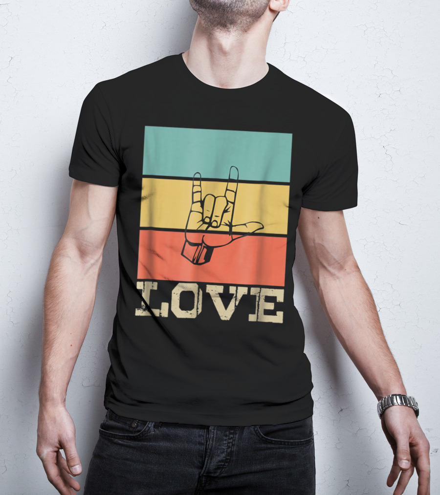ASL Love Vintage Hand Sign Retro Color Blocks T-Shirt