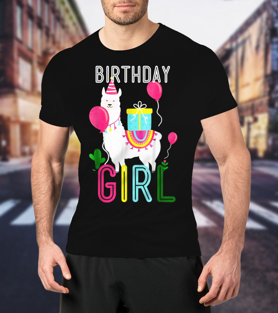 Birthday Girl Llama Cool Cute Alpaca With Balloons And Present T-Shirt