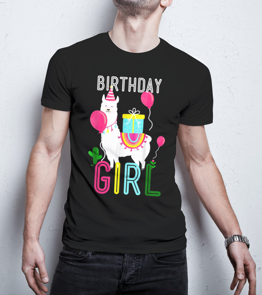 Birthday Girl Llama Cool Cute Alpaca With Balloons And Present T-Shirt