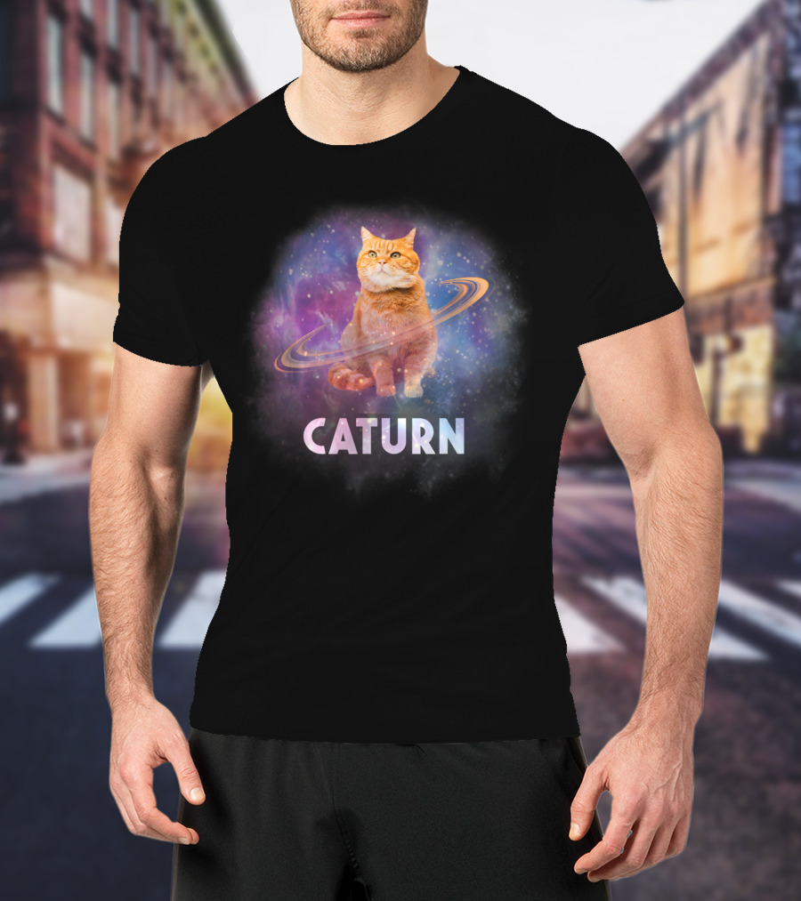 Caturn Cosmic Feline In Galaxy T-Shirt