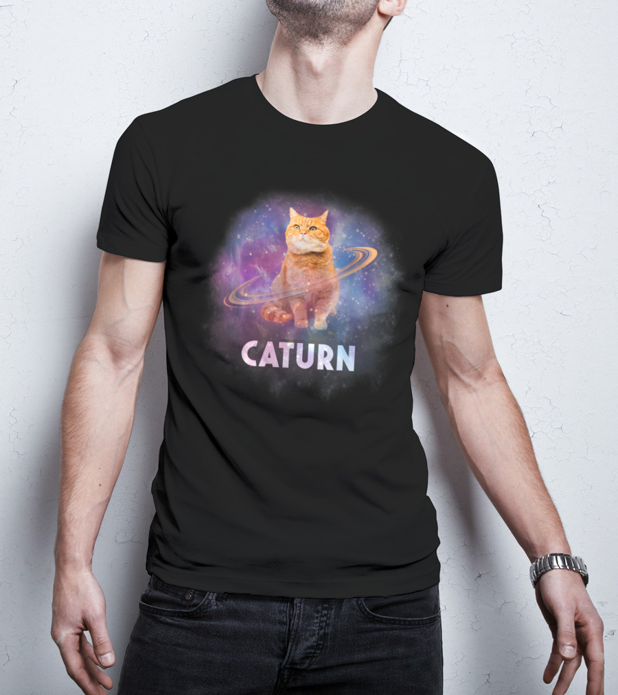Caturn Cosmic Feline In Galaxy T-Shirt