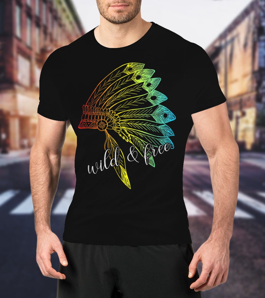 Wild And Free Colored Native American Headdress USA T-Shirt