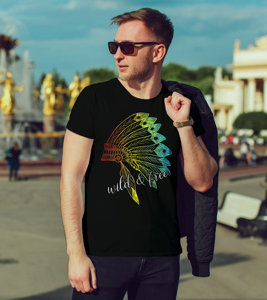 Wild And Free Colored Native American Headdress USA T-Shirt
