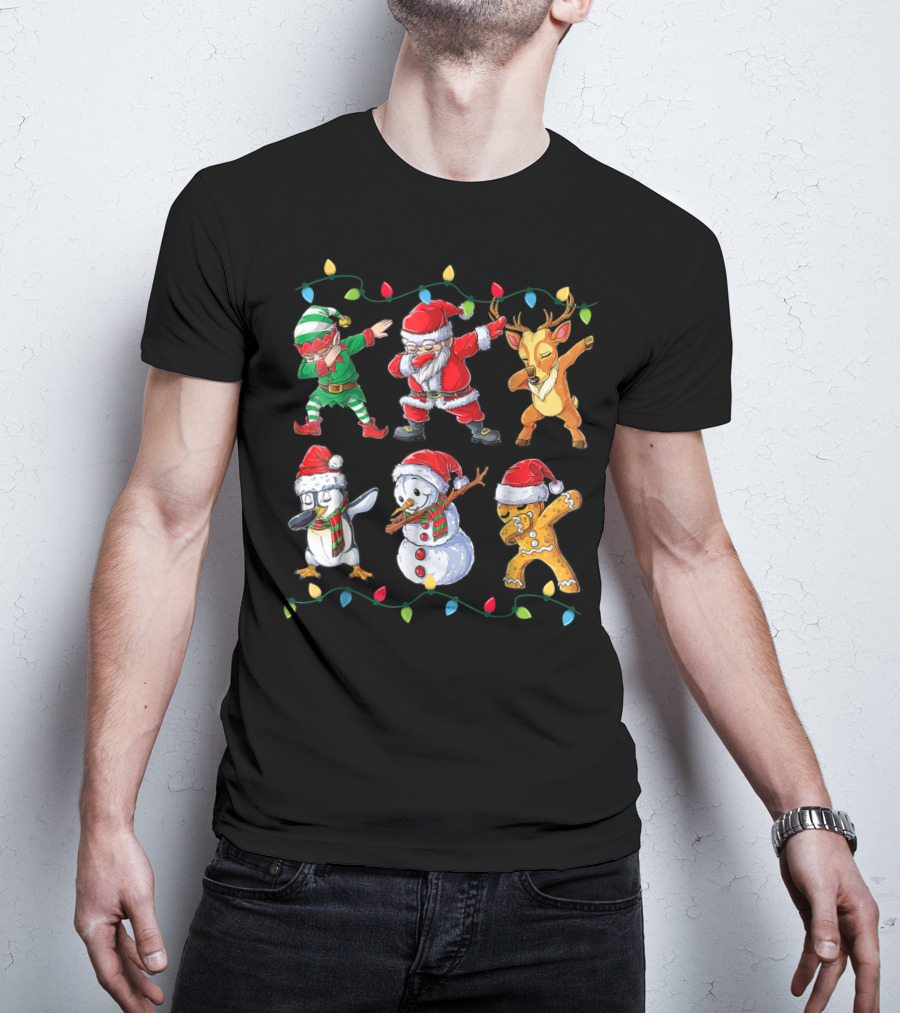 Dabbing Santa Elf Reindeer Penguin Snowman Gingerbread Christmas Lights T-Shirt