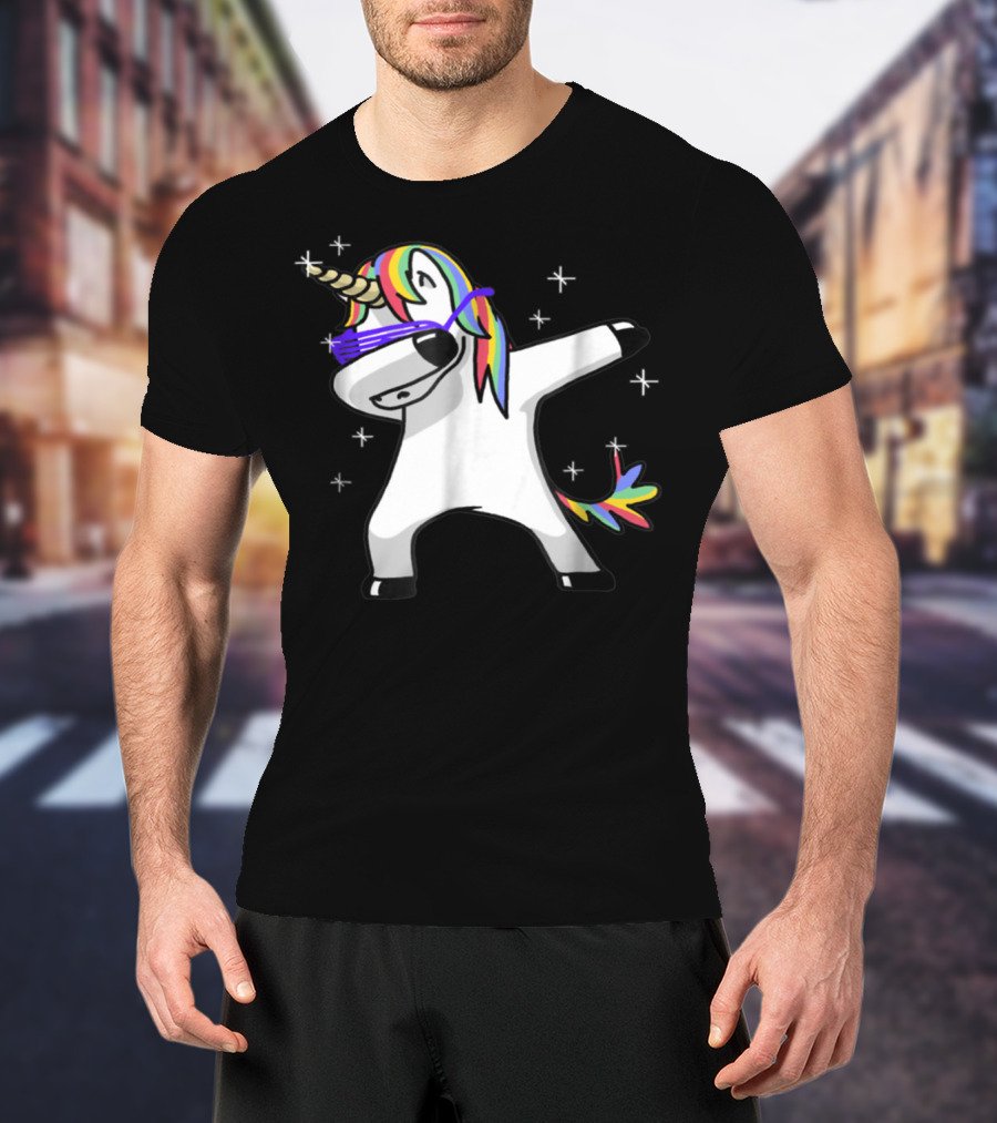 Rainbow Dabbing Unicorn With Sunglasses And Stars T-Shirt