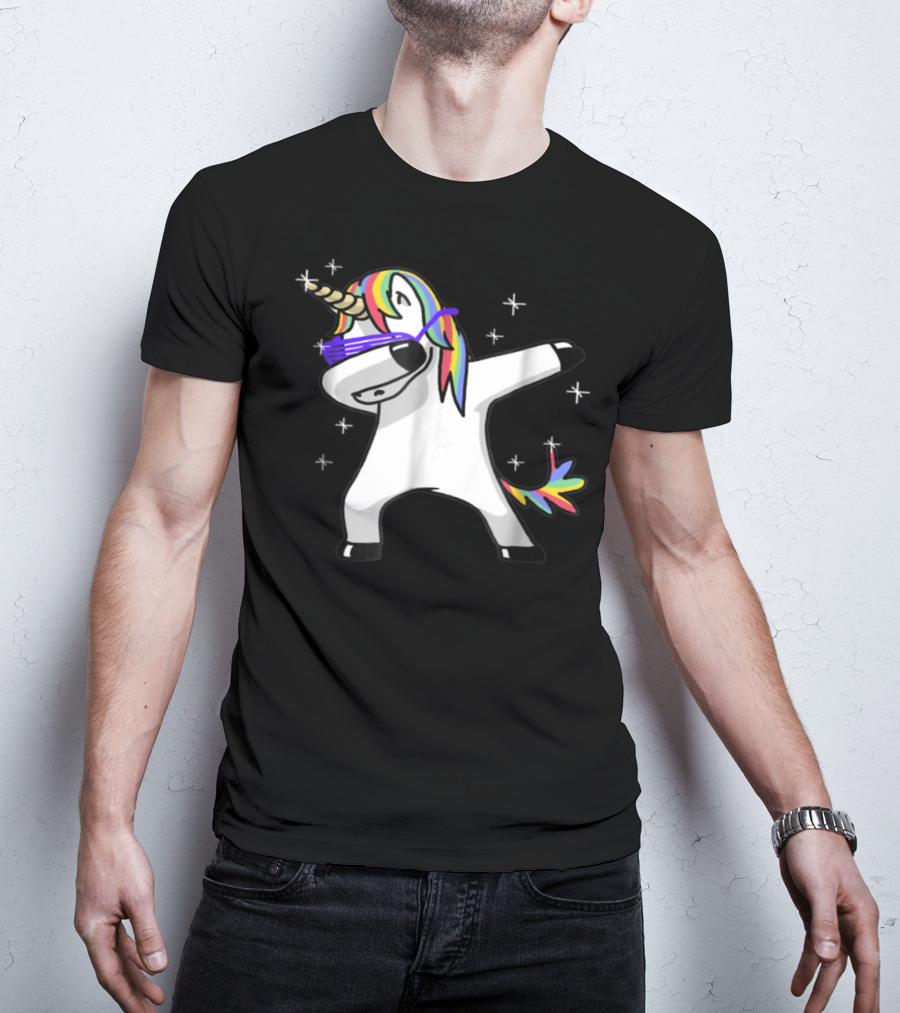 Rainbow Dabbing Unicorn With Sunglasses And Stars T-Shirt