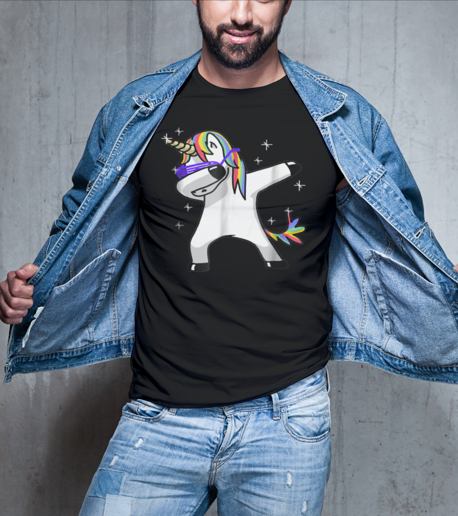 Rainbow Dabbing Unicorn With Sunglasses And Stars T-Shirt