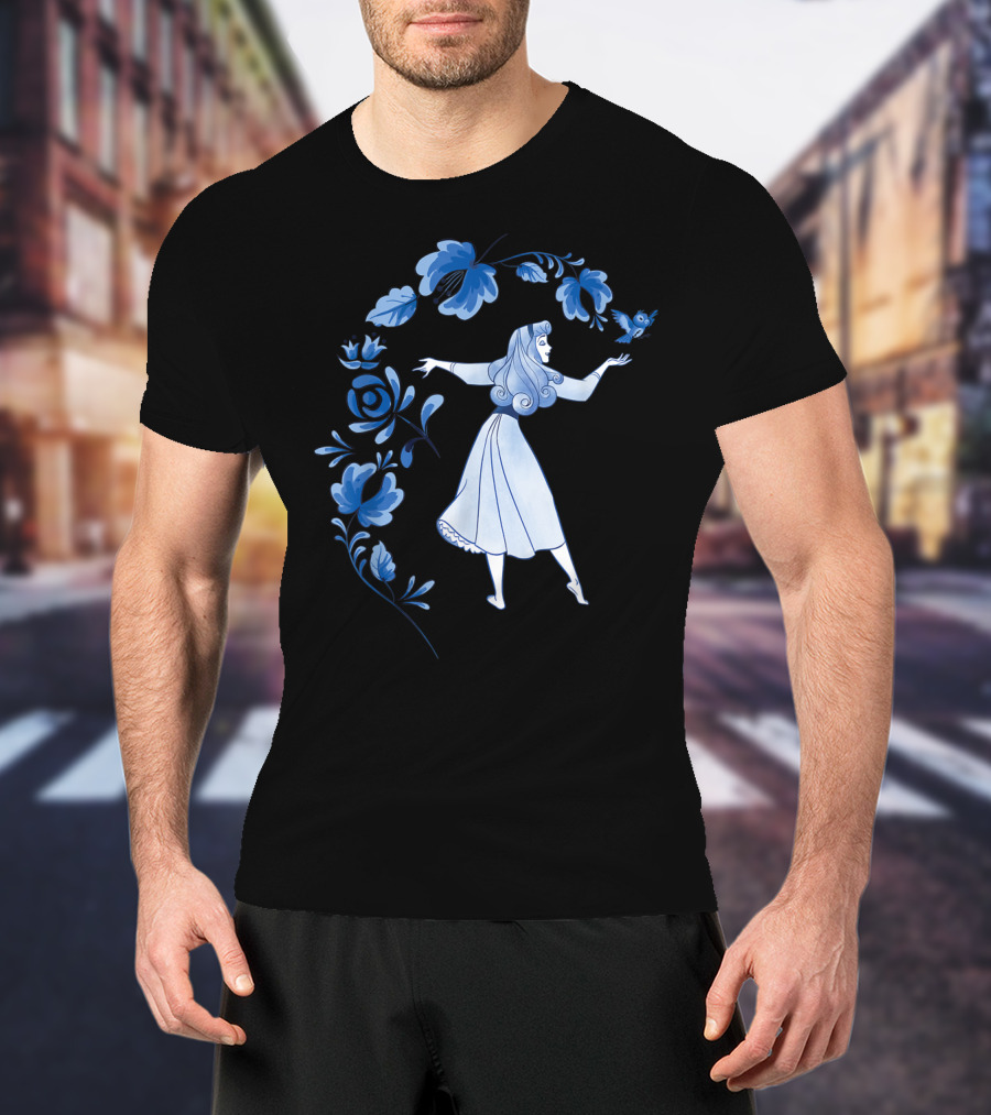 Disney Sleeping Beauty Princess Aurora With Blue Flowers And Bird T-Shirt