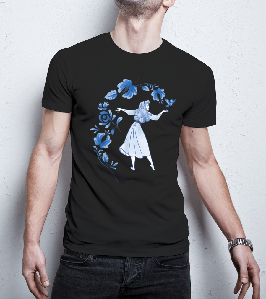Disney Sleeping Beauty Princess Aurora With Blue Flowers And Bird T-Shirt