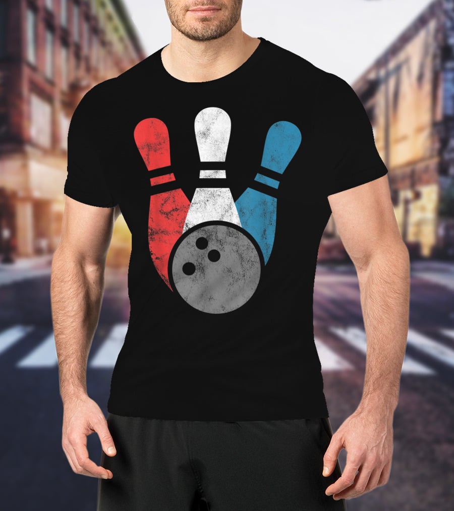 Distressed Red White Blue Bowling Pins With Bowling Ball T-Shirt