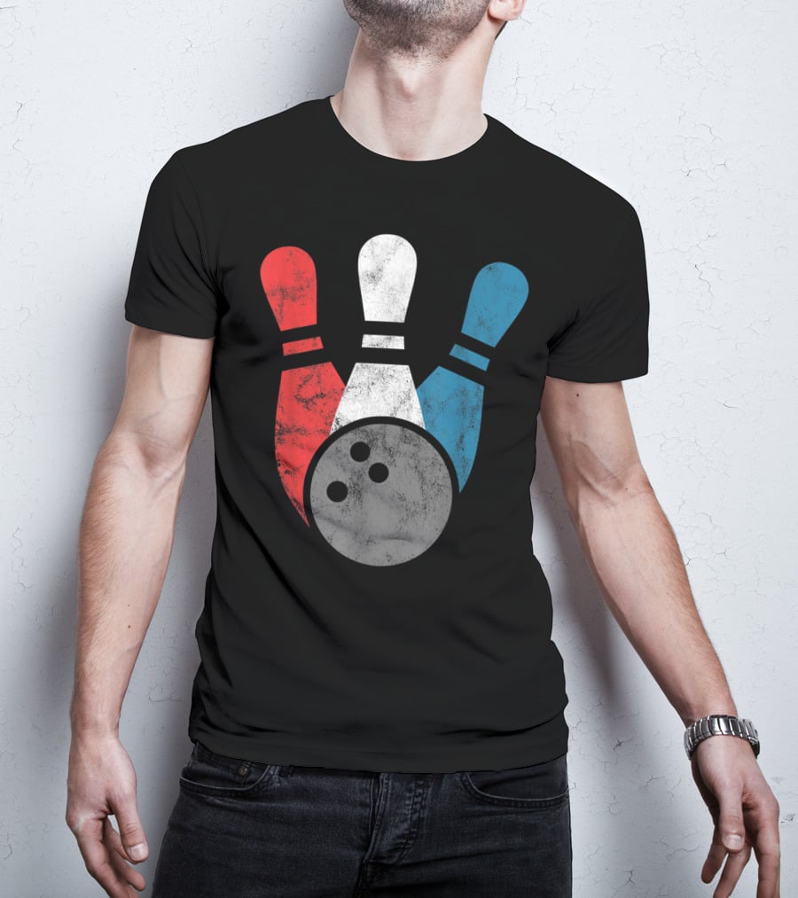 Distressed Red White Blue Bowling Pins With Bowling Ball T-Shirt