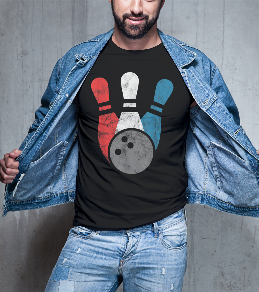 Distressed Red White Blue Bowling Pins With Bowling Ball T-Shirt
