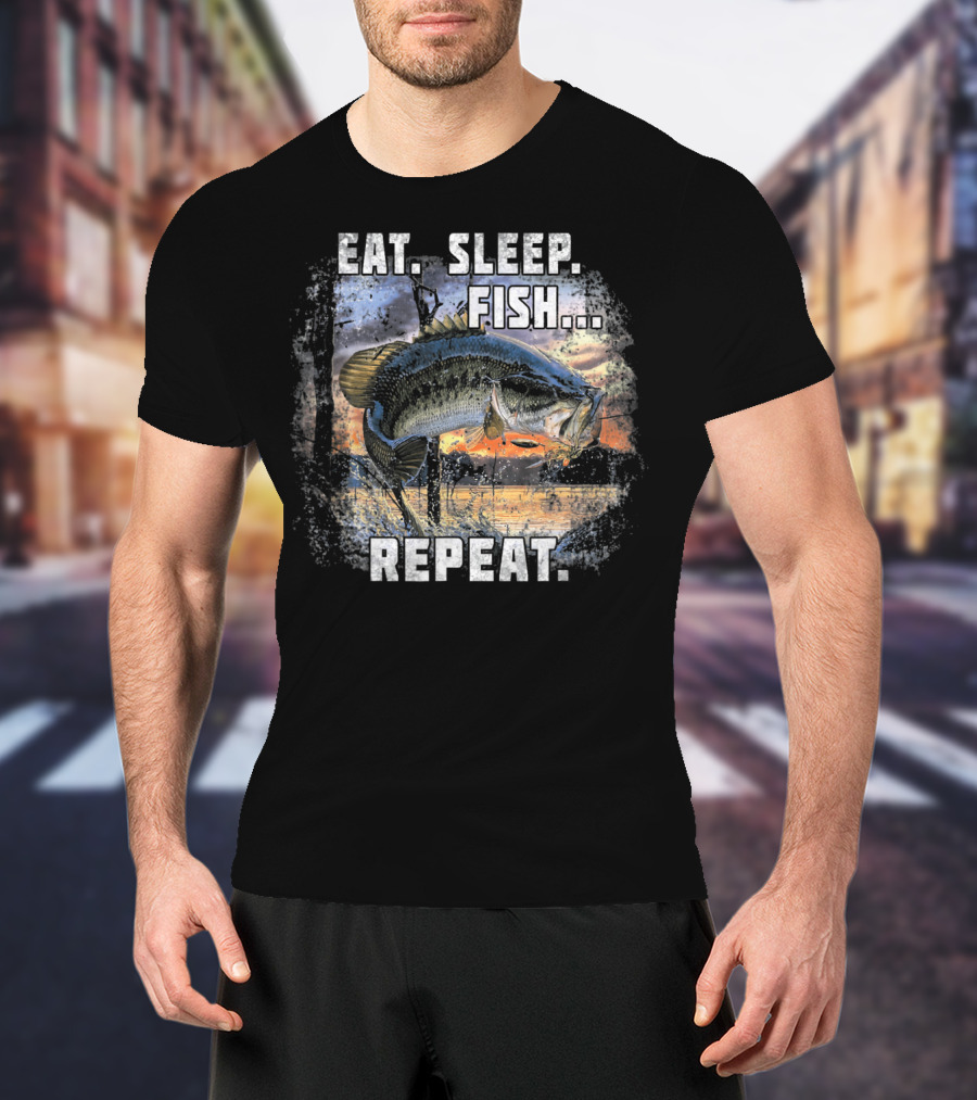 Eat Sleep Fish Repeat Bass Fishing Adventure Lake Sunrise T-Shirt