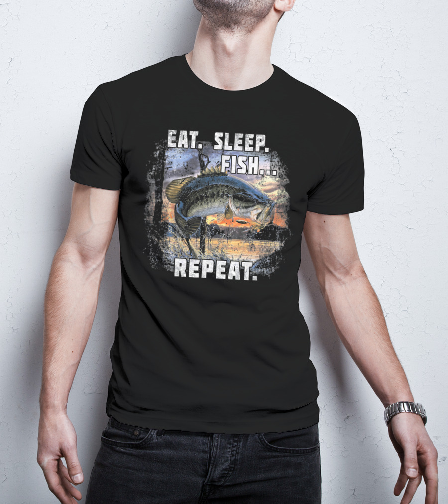 Eat Sleep Fish Repeat Bass Fishing Adventure Lake Sunrise T-Shirt