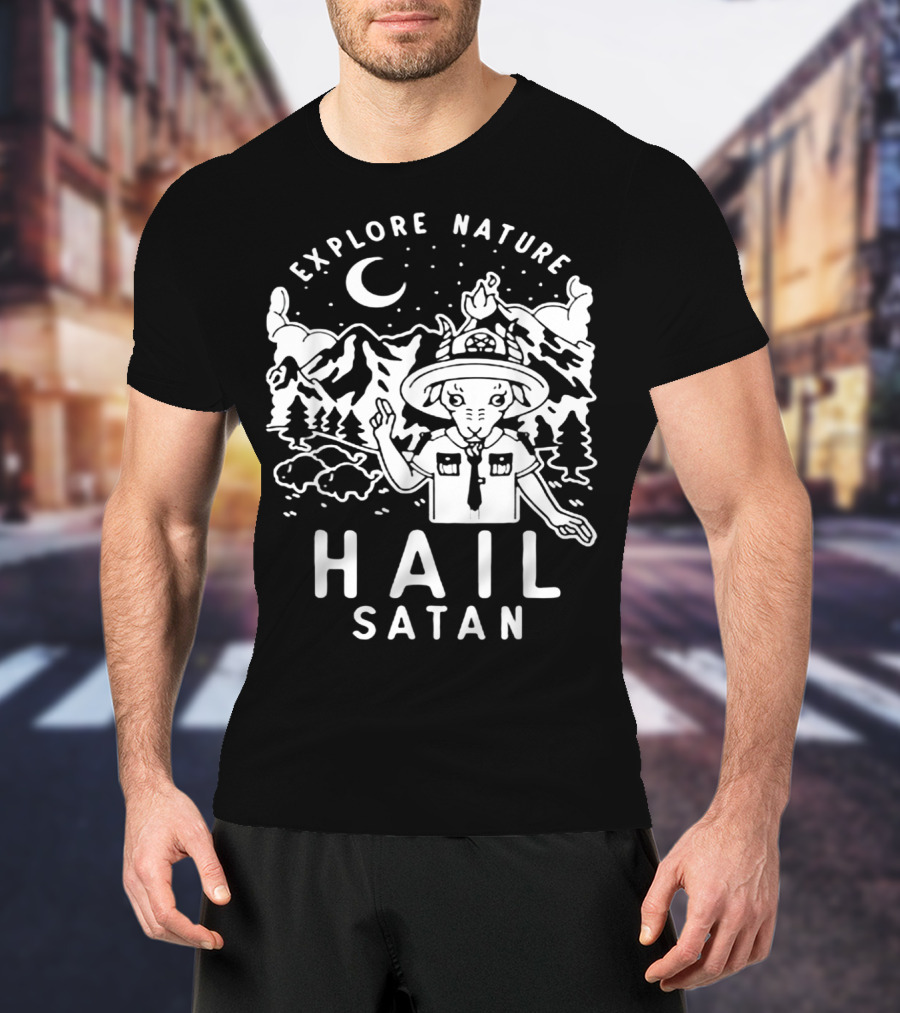 Explore Nature Hail Satan Baphomet Scout IN Mountain Landscape With Night Sky T-Shirt