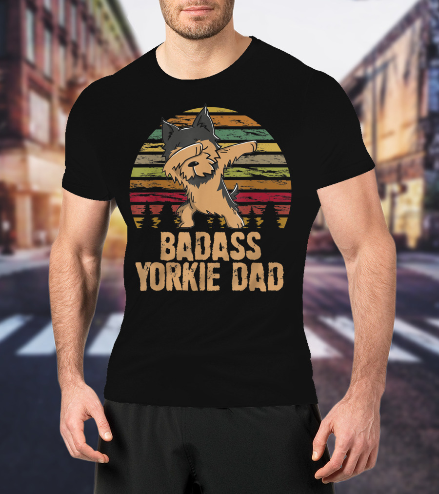 Badass Yorkie Dad Dabbing Vintage Sunset T-Shirt