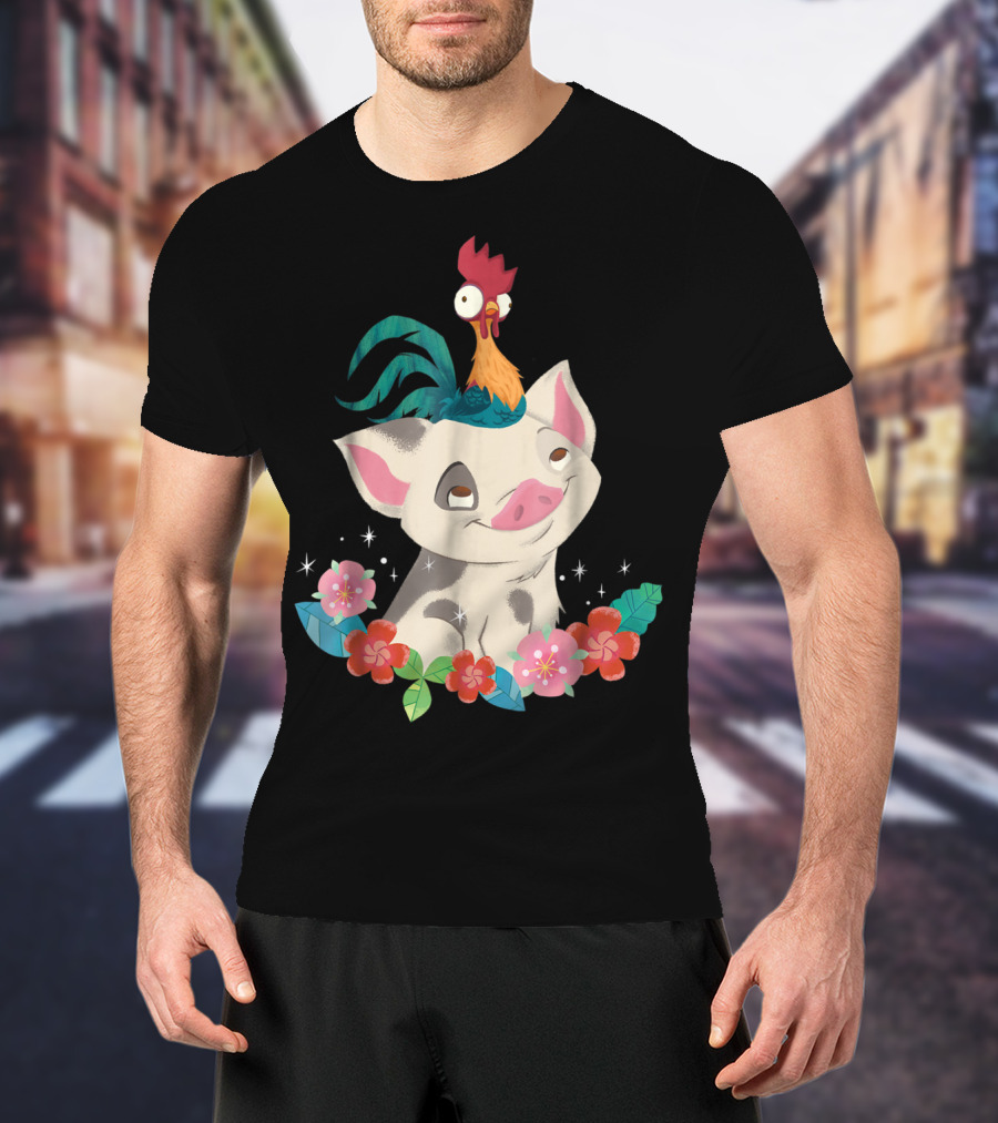 Disney Moana HeiHei And Pua With Colorful Flowers T-Shirt