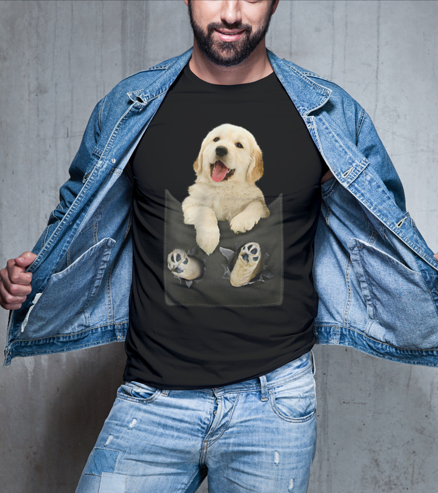 Golden Retriever Puppy Peeking From Pocket T-Shirt