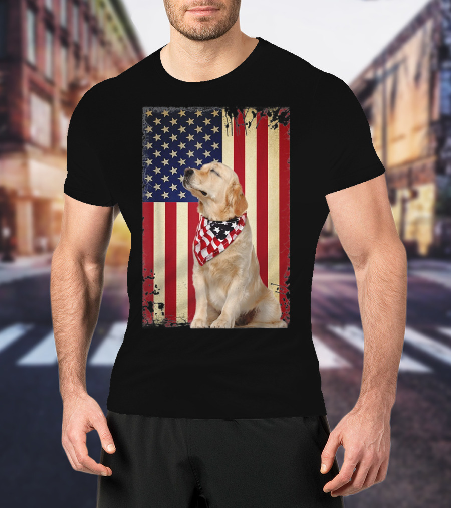 Golden Retriever Smiling American Flag Bandana T-Shirt