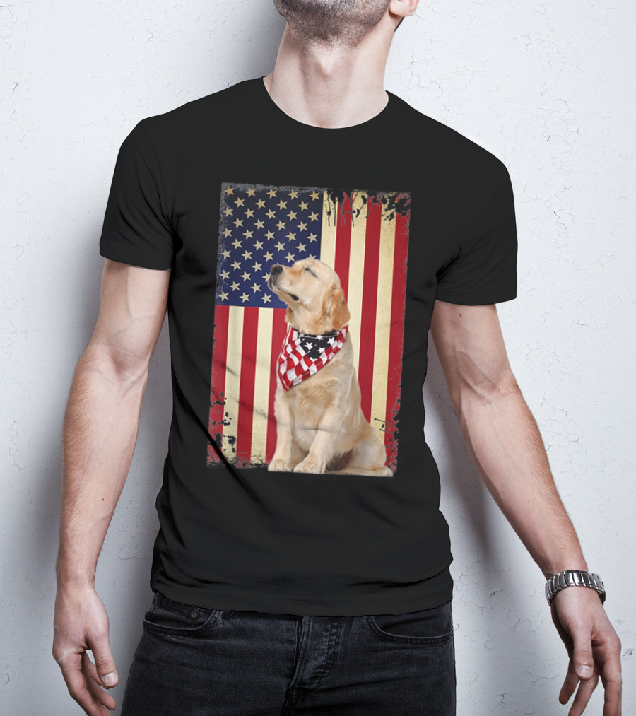 Golden Retriever Smiling American Flag Bandana T-Shirt