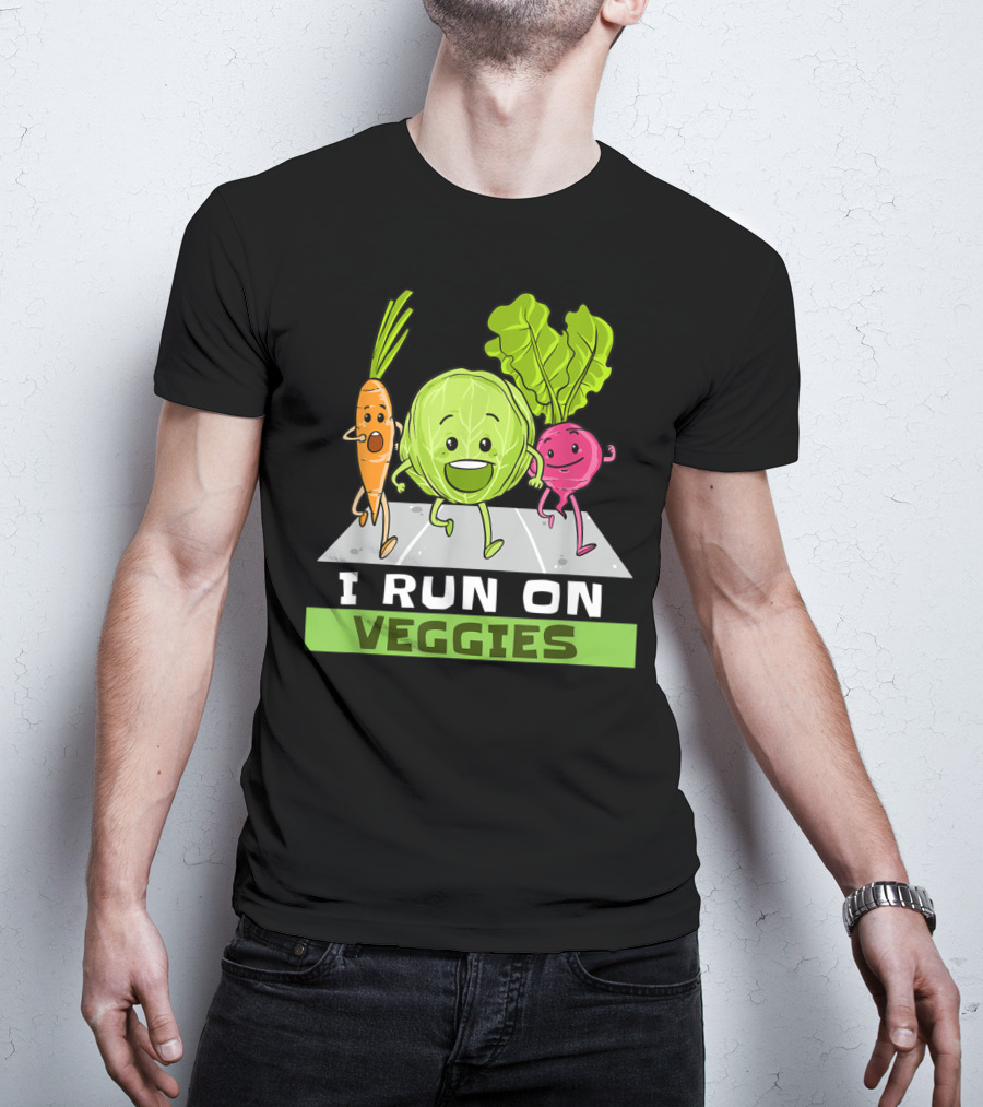 I Run On Veggies Funny Vegan Vegetarian Carrot Cabbage Beet Running T-Shirt