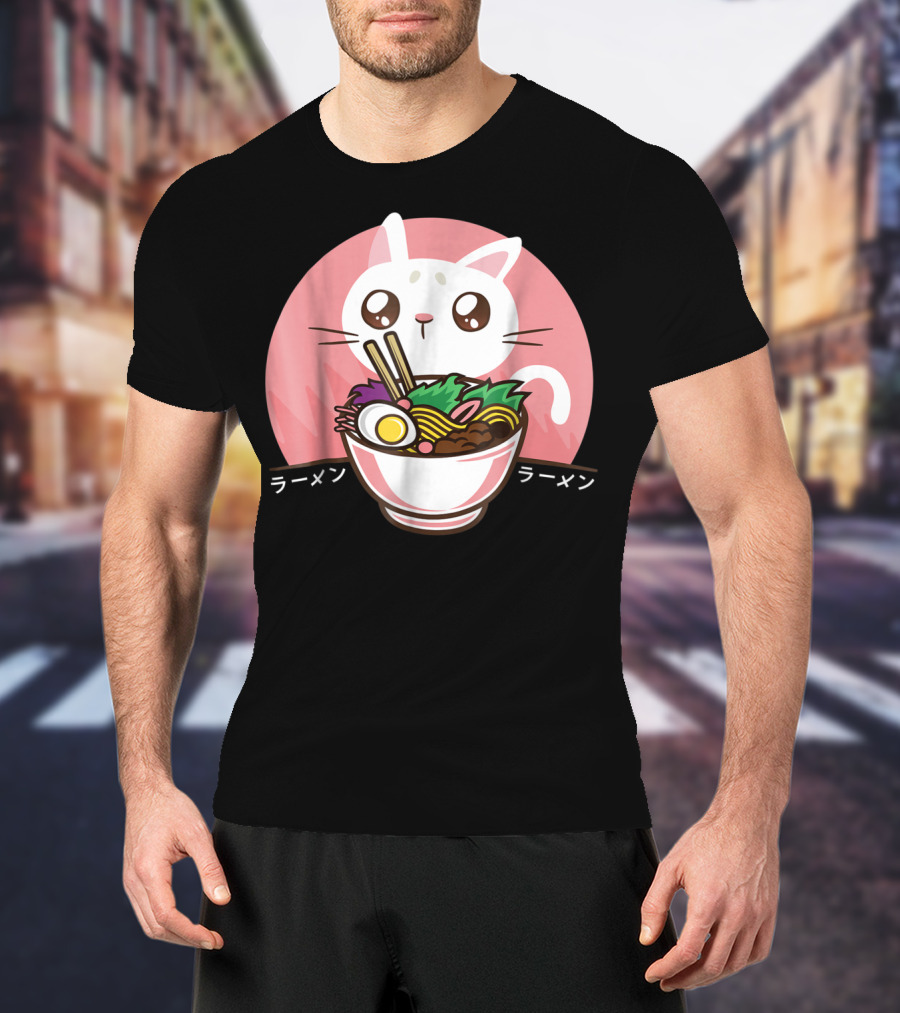 Kawaii Japanese Ramen Noodles Anime Cat Love T-Shirt
