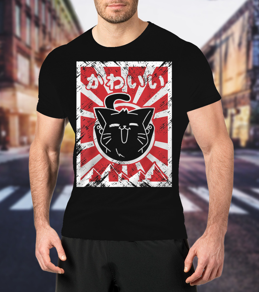 Kawaii Anime Cute Japanese Cat With Red Rising Sun Background T-Shirt